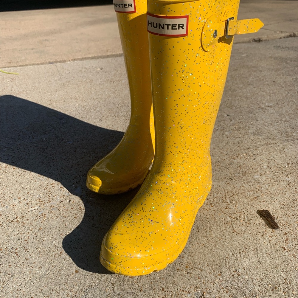 Hunter Original Giant Yellow Glitter Tall Wellington Rain Boots Big Kids Size 1